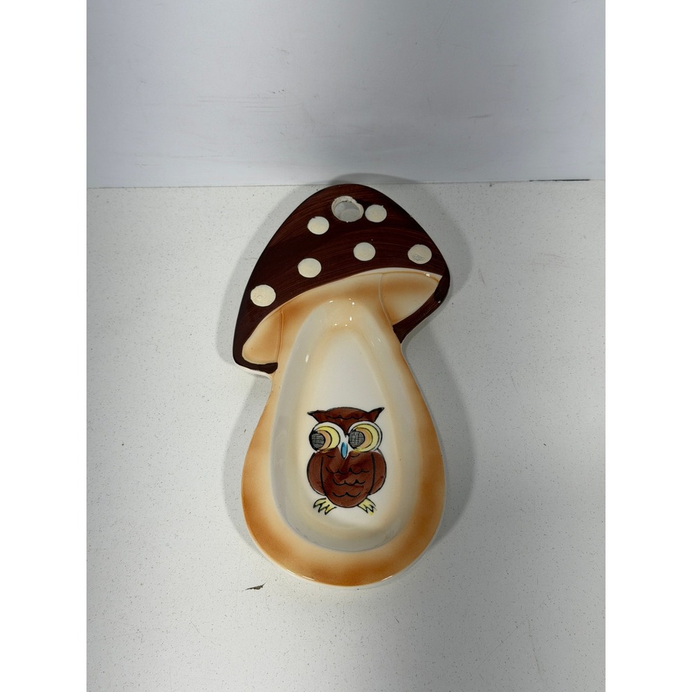 Vintage Japan Ceramic Mushroom Owl Spoon Rest Wall Hanging Brown Polka Dot Retro